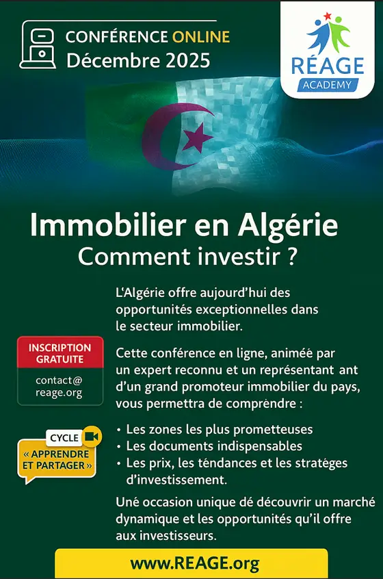 Affiche de la conférence en ligne « Immobilier en Algérie, comment investir ? »
