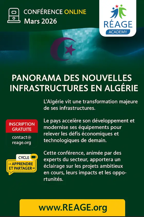 Affiche de la conférence en ligne « Panorama des nouvelles infrastructures en Algérie »